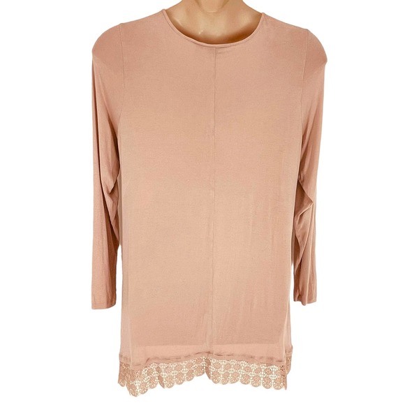 LOGO by Lori Goldstein 1X Knit Top with Lace Trim Dusty Pink Long Sleeve Casual - Picture 2 of 5